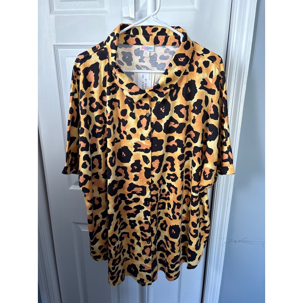 LuLaRoe Charlie Leopard Print Button Down Shirt Women 3XL Orange Black New